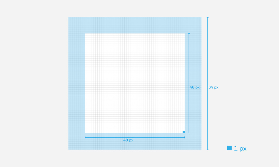 The surrounding protected space is 8 pixels. This results in a design area of 48 x 48 pixels.